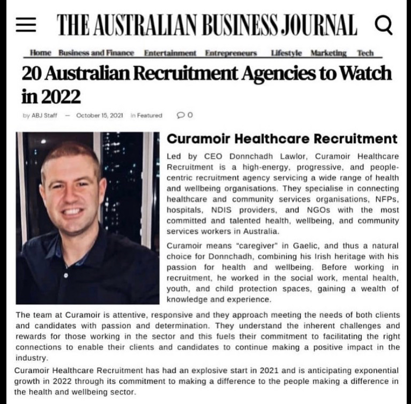Curamoir Featured in the top 20 Australian Recruitment Agencies